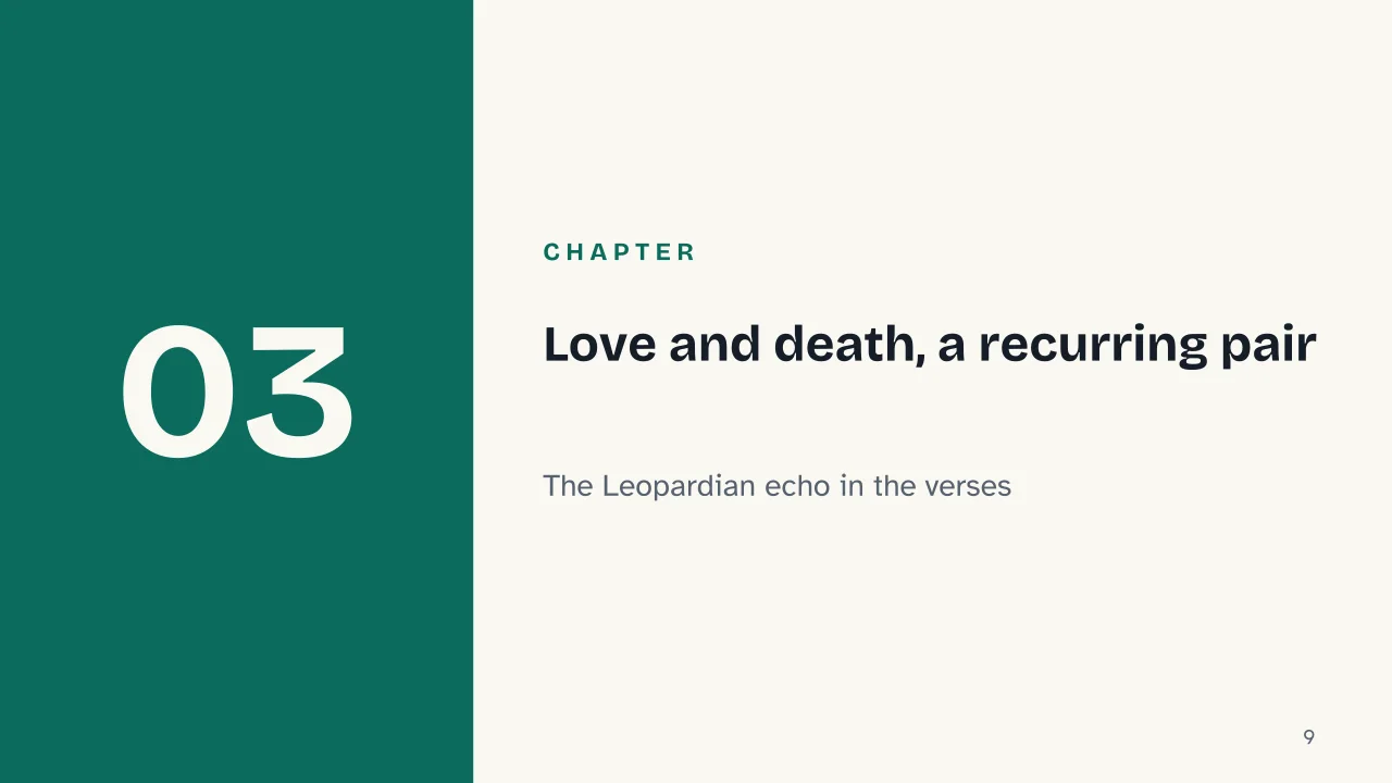 Slide 9 of the presentation on Death Will Come and Will Have Your Eyes: Chapter 03: Love and death, a recurring pair