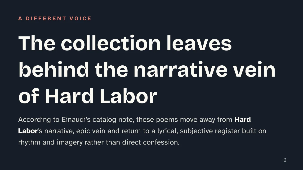 Slide 12 of the presentation on Death Will Come and Will Have Your Eyes: The collection leaves behind the narrative vein of Hard Labor