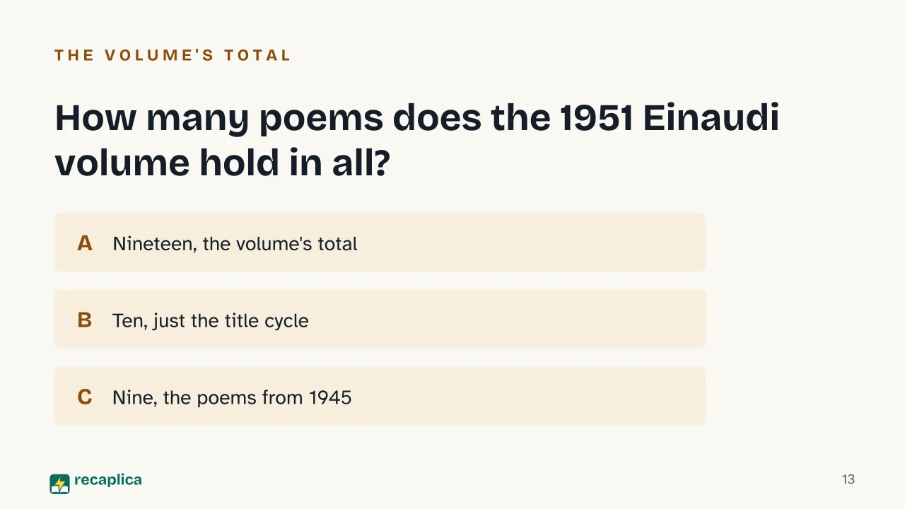 Slide 13 of the presentation on Death Will Come and Will Have Your Eyes: How many poems does the 1951 Einaudi volume hold in all?