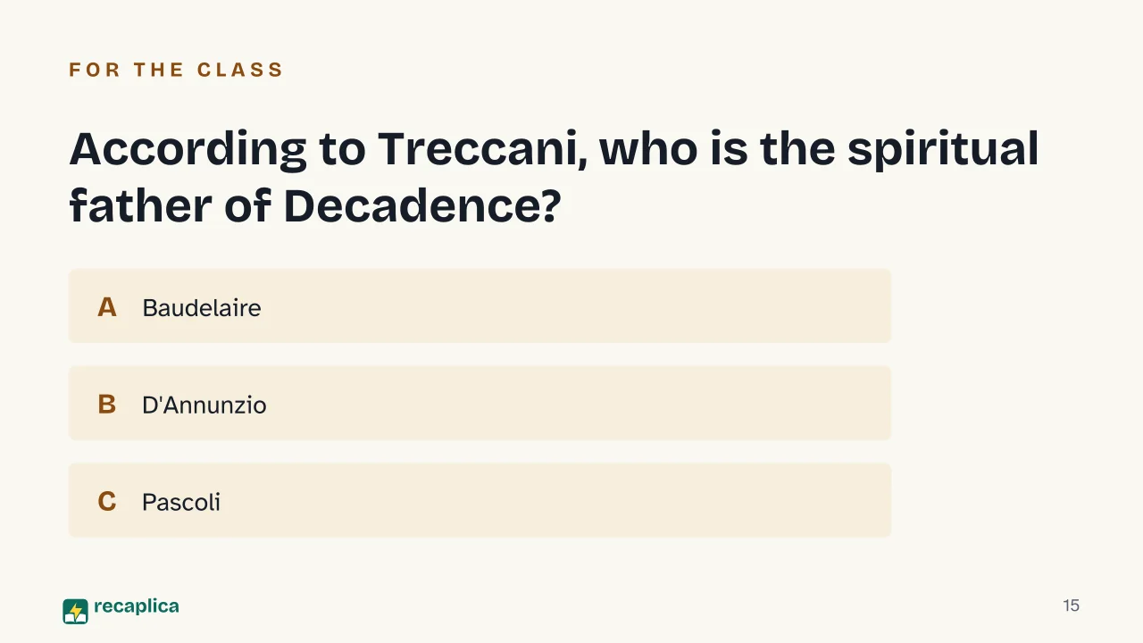 Slide 15 of the presentation on Gabriele D'Annunzio: According to Treccani, who is the spiritual father of Decadence?