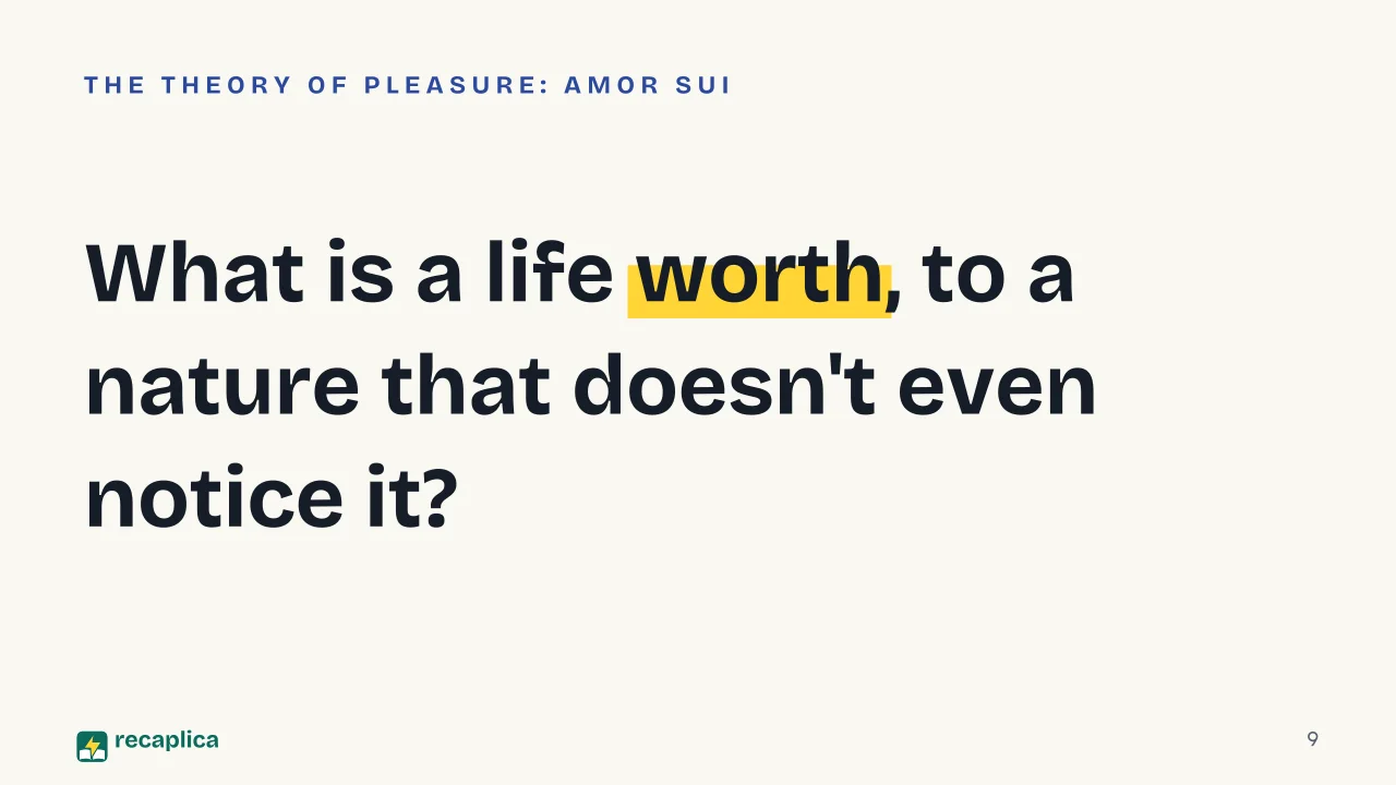 Slide 9 of the presentation on Giacomo Leopardi: What is a life worth, to a nature that doesn't even notice it?