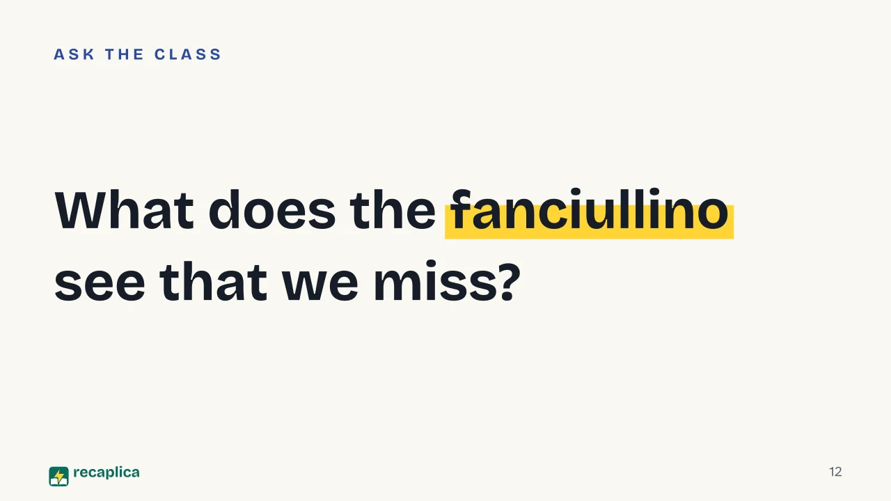 Slide 12 of the presentation on Giovanni Pascoli: What does the fanciullino see that we miss?