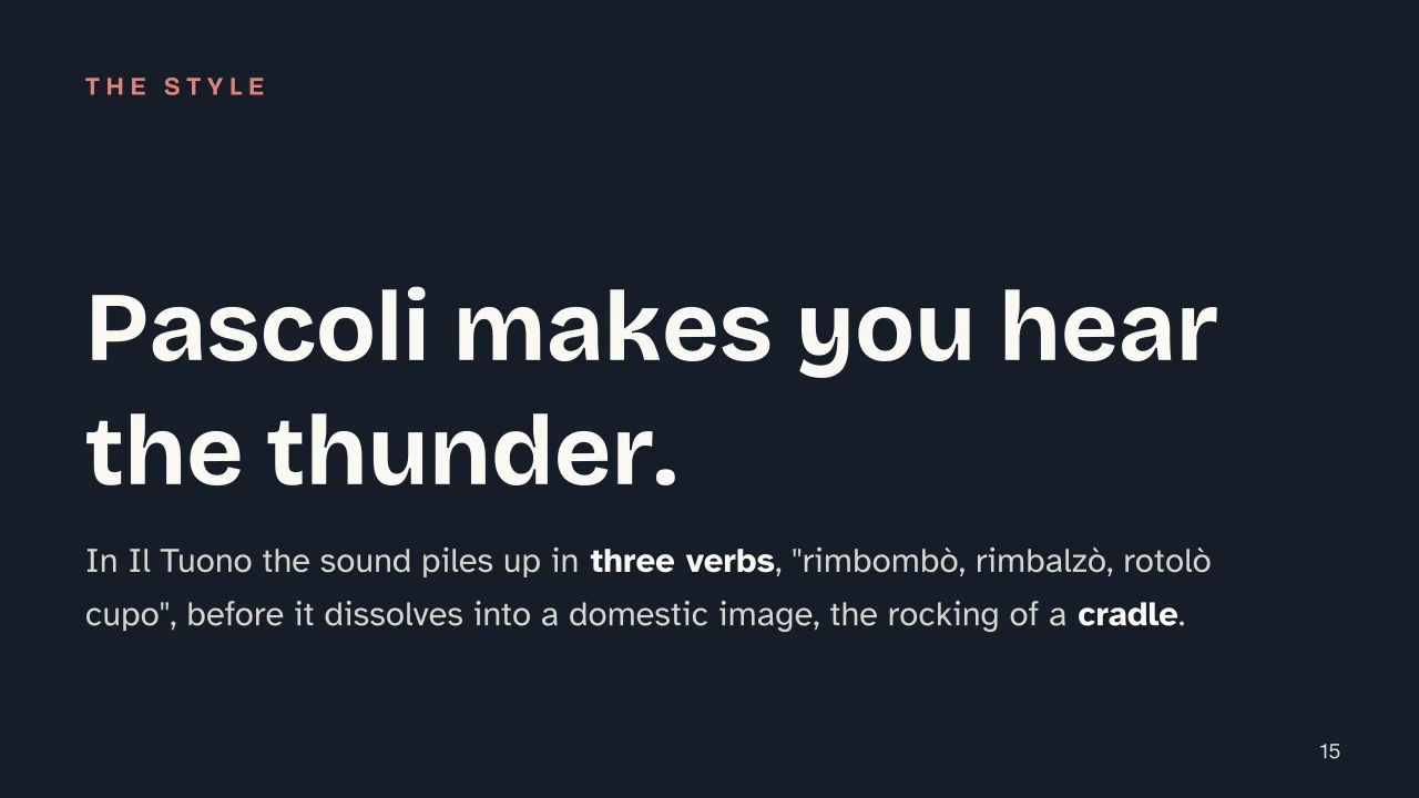 Slide 15 of the presentation on Giovanni Pascoli: Pascoli makes you hear the thunder.