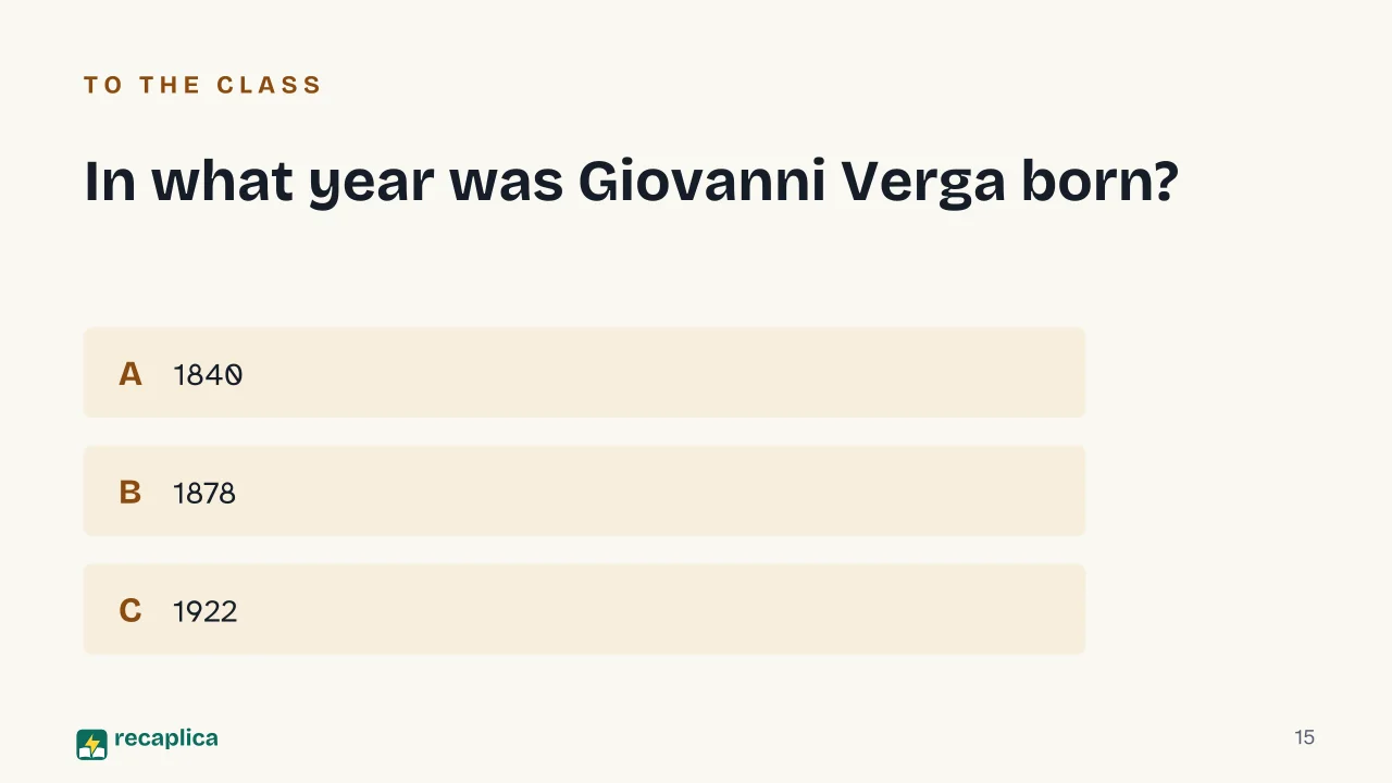 Slide 15 of the presentation on Giovanni Verga and Verismo: In what year was Giovanni Verga born?