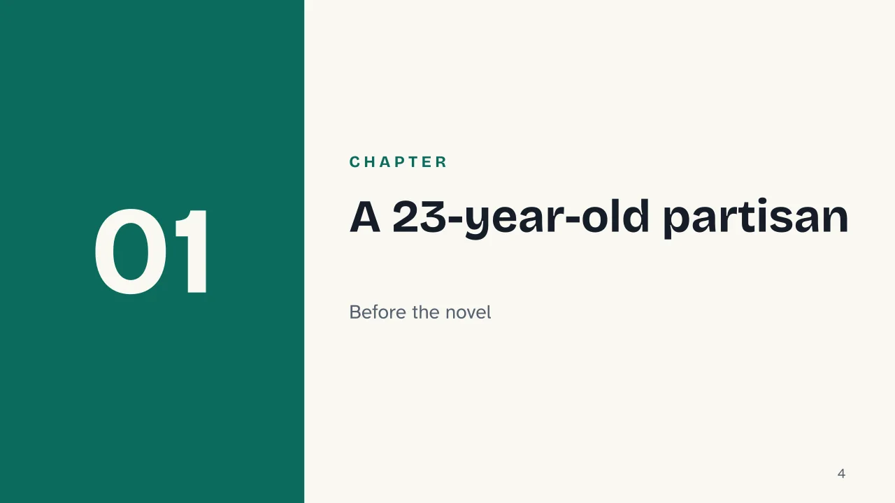 Slide 4 of the presentation on The Path to the Spider's Nests by Italo Calvino: Chapter 01: A 23-year-old partisan