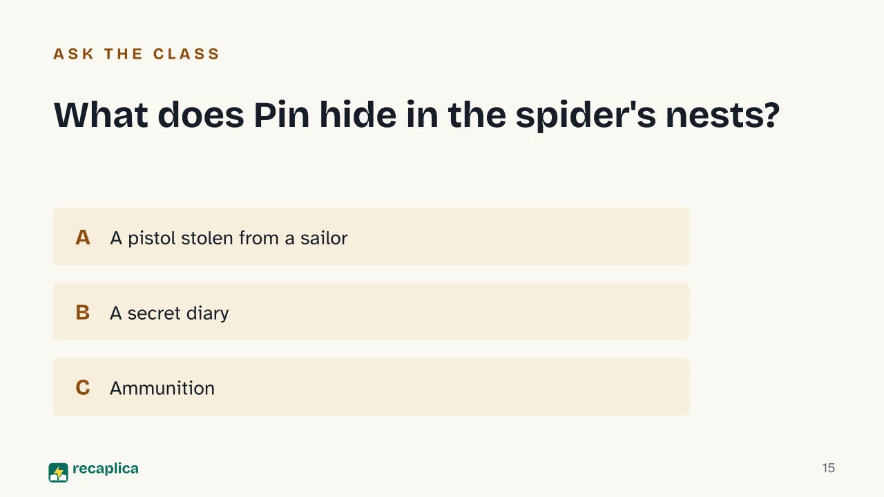 Slide 15 of the presentation on The Path to the Spider's Nests by Italo Calvino: What does Pin hide in the spider's nests?