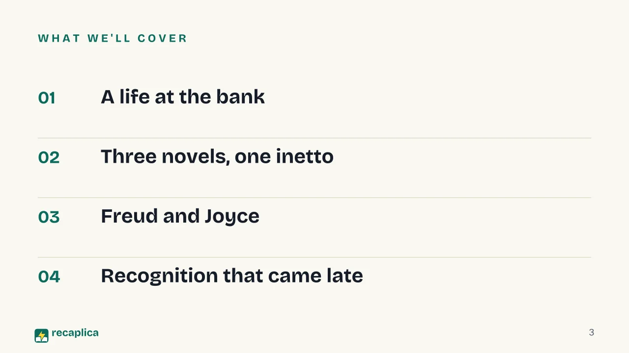 Slide 3 of the presentation on Italo Svevo: What we'll cover