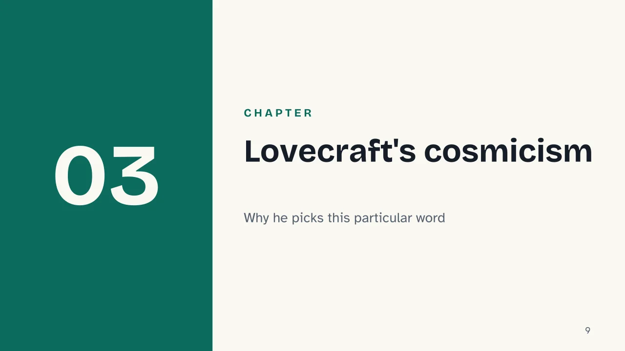 Slide 9 of the presentation on Lovecraft Non-Euclidean Geometry: Chapter 03: Lovecraft's cosmicism