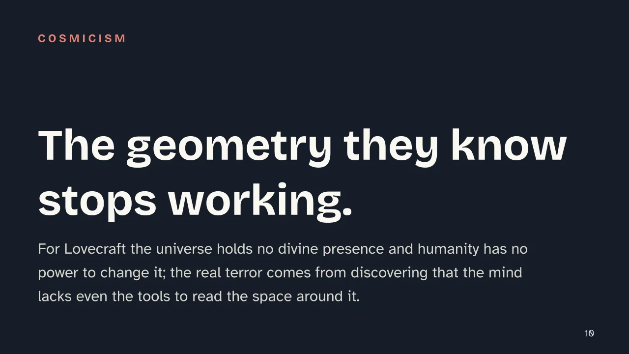 Slide 10 of the presentation on Lovecraft Non-Euclidean Geometry: The geometry they know stops working.