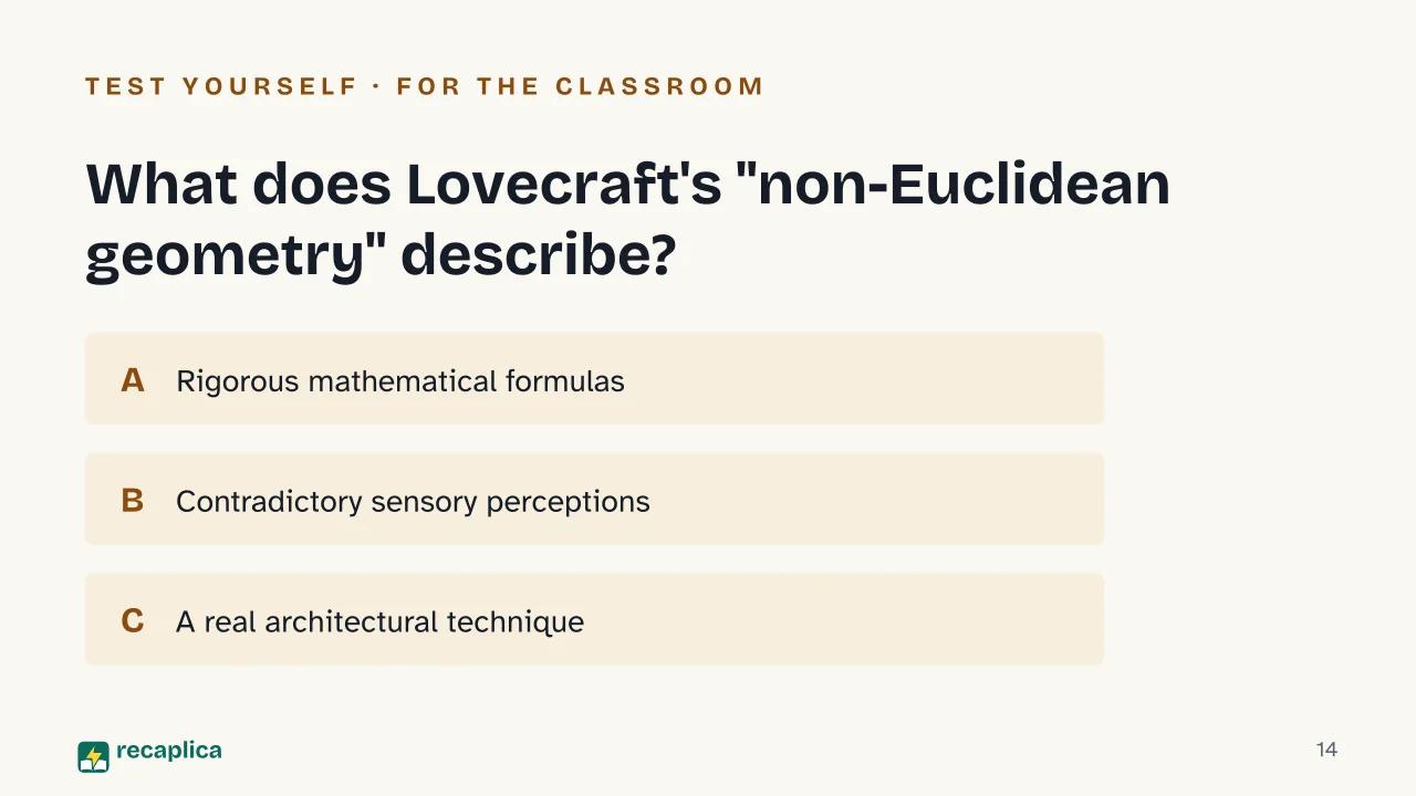 Slide 14 of the presentation on Lovecraft Non-Euclidean Geometry: What does Lovecraft's "non-Euclidean geometry" describe?