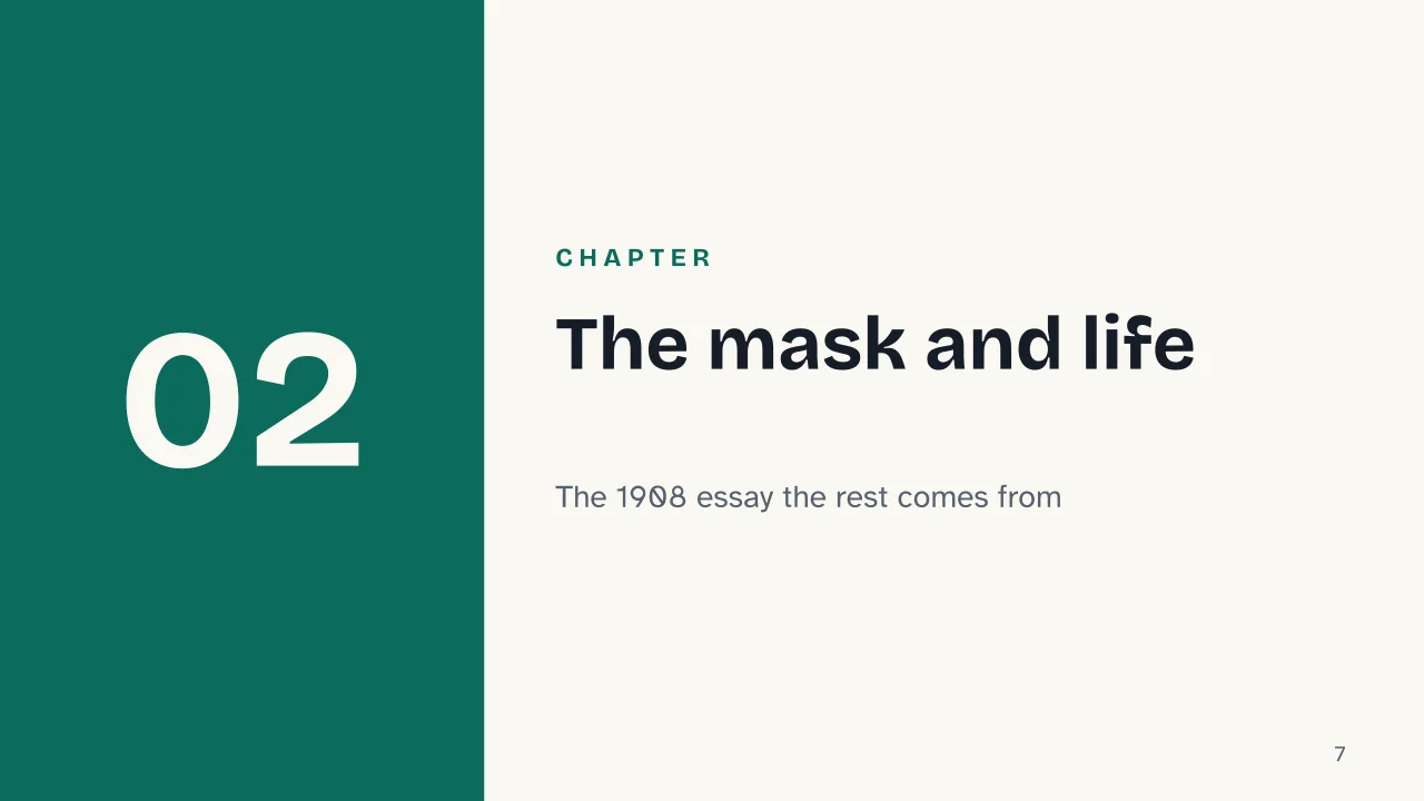 Slide 7 of the presentation on Luigi Pirandello: Chapter 02: The mask and life