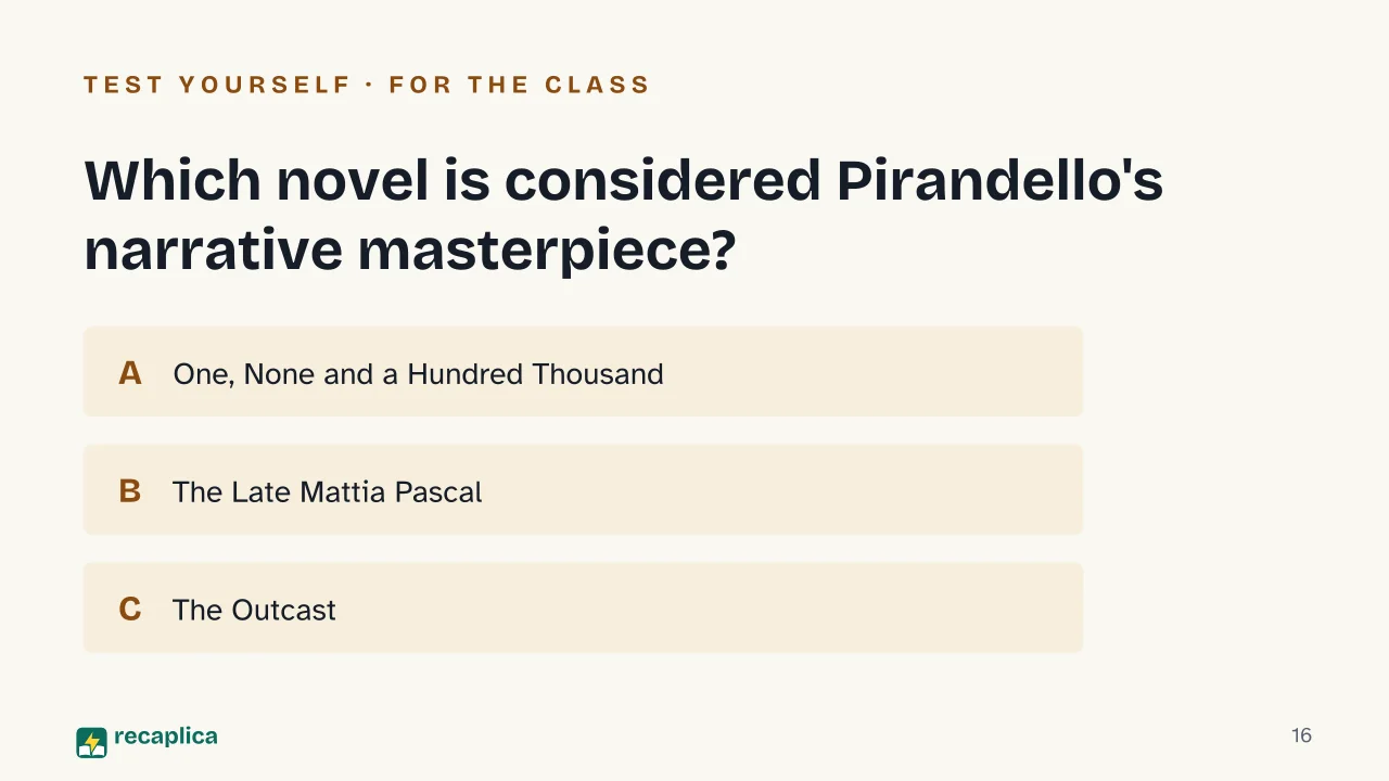 Slide 16 of the presentation on Luigi Pirandello: Which novel is considered Pirandello's narrative masterpiece?