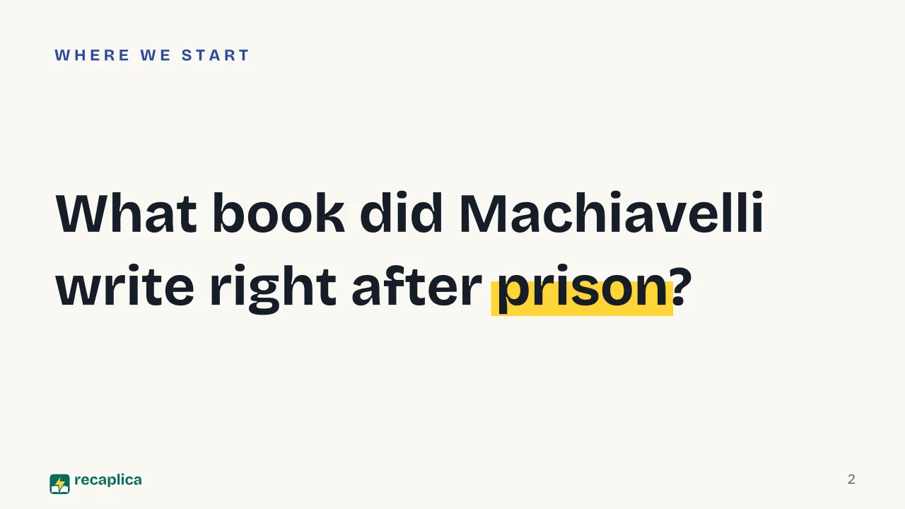 Slide 2 of the presentation on Machiavelli's The Prince: What book did Machiavelli write right after prison?