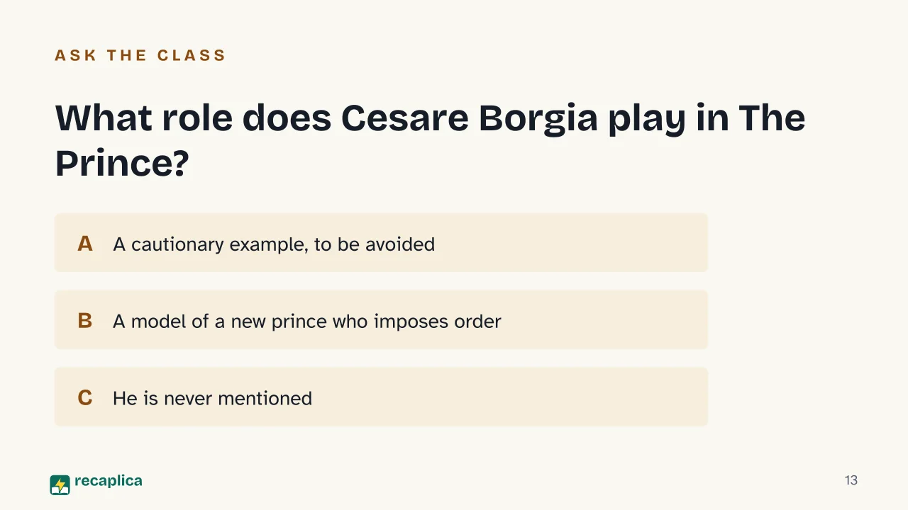 Slide 13 of the presentation on Machiavelli's The Prince: What role does Cesare Borgia play in The Prince?