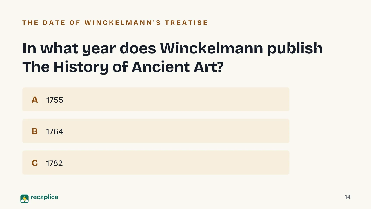 Slide 14 of the presentation on What Is Neoclassicism? The Movement in Art and Literature: In what year does Winckelmann publish The History of Ancient Art?