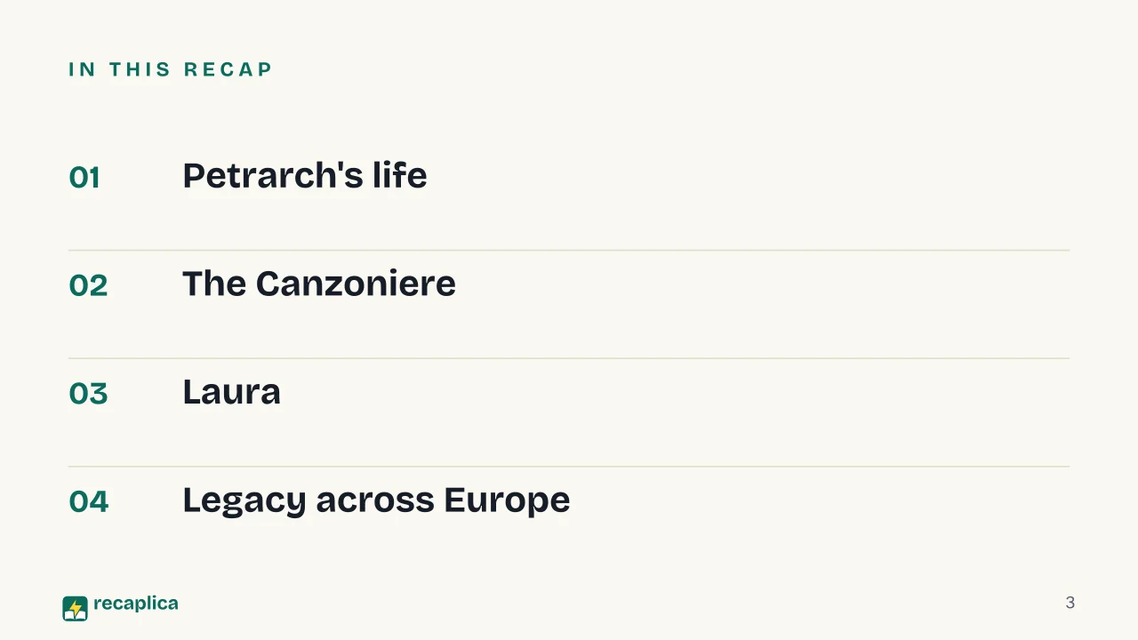 Slide 3 of the presentation on Petrarch and the Canzoniere: In this Recap