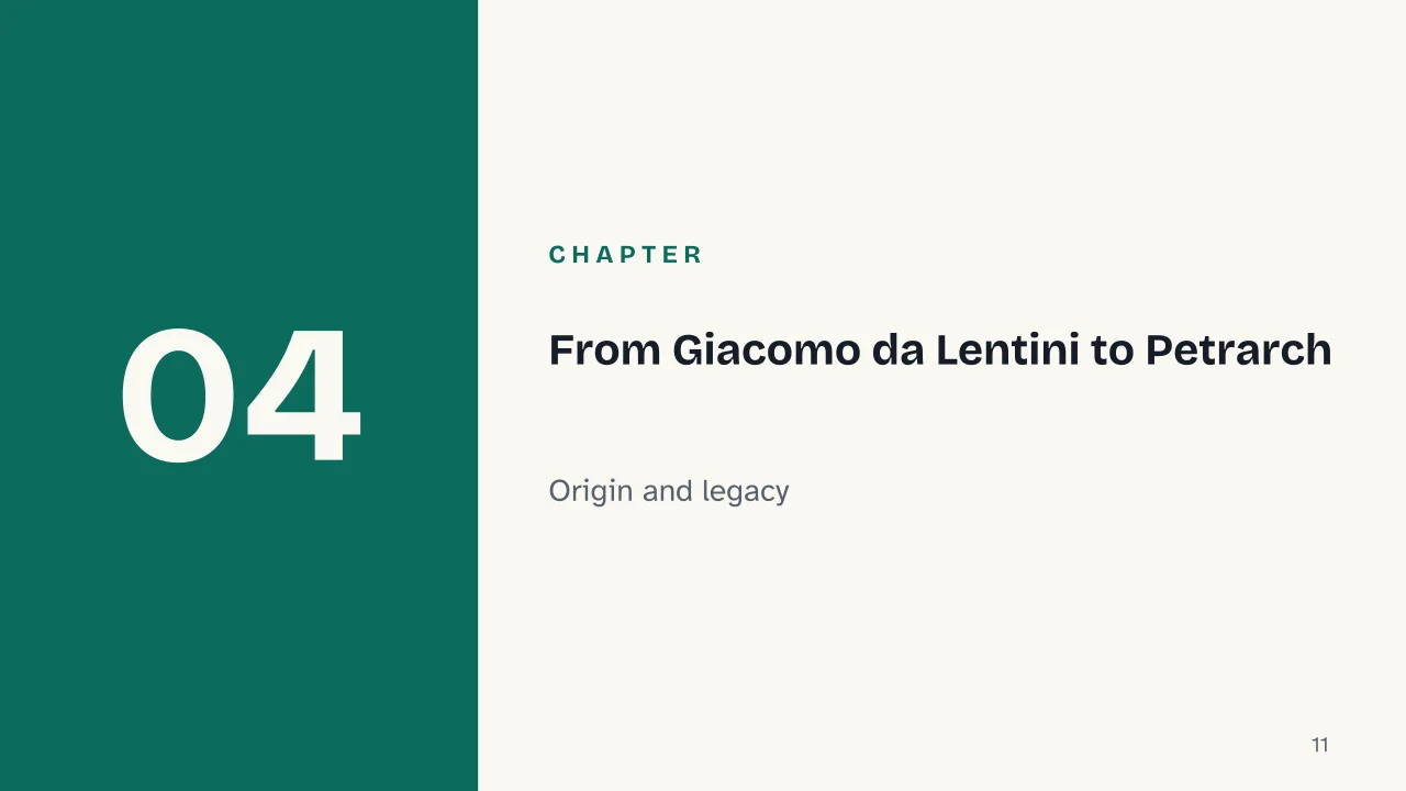 Slide 11 of the presentation on Petrarchan Sonnet: Chapter 04: From Giacomo da Lentini to Petrarch