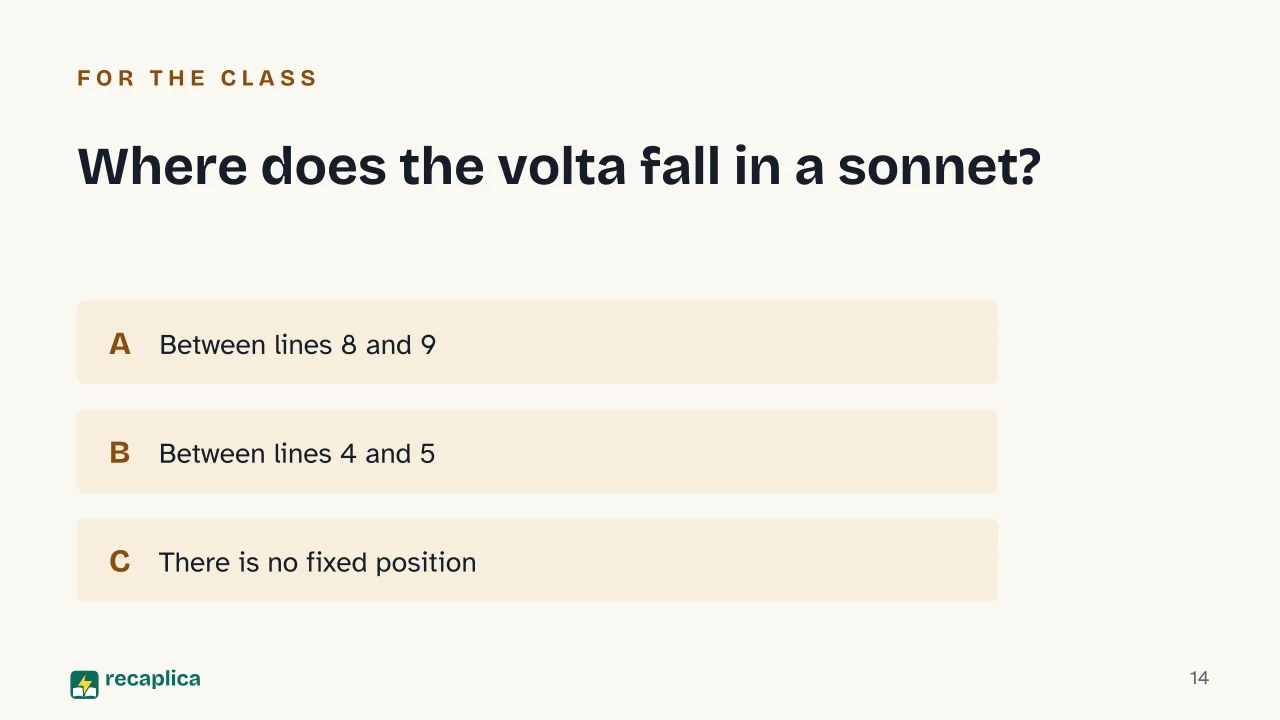 Slide 14 of the presentation on Petrarchan Sonnet: Where does the volta fall in a sonnet?