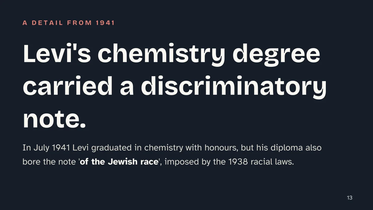 Slide 13 of the presentation on Primo Levi: Levi's chemistry degree carried a discriminatory note.