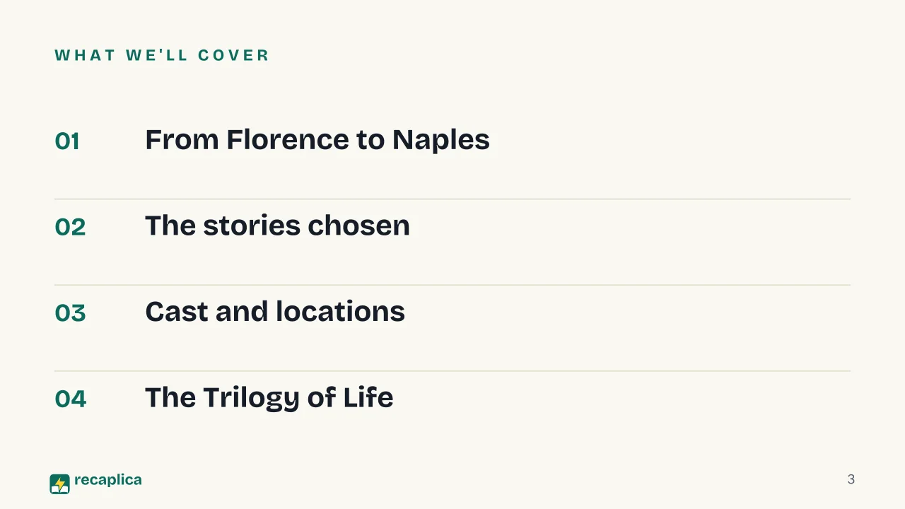 Slide 3 of the presentation on The Decameron (1971): What we'll cover