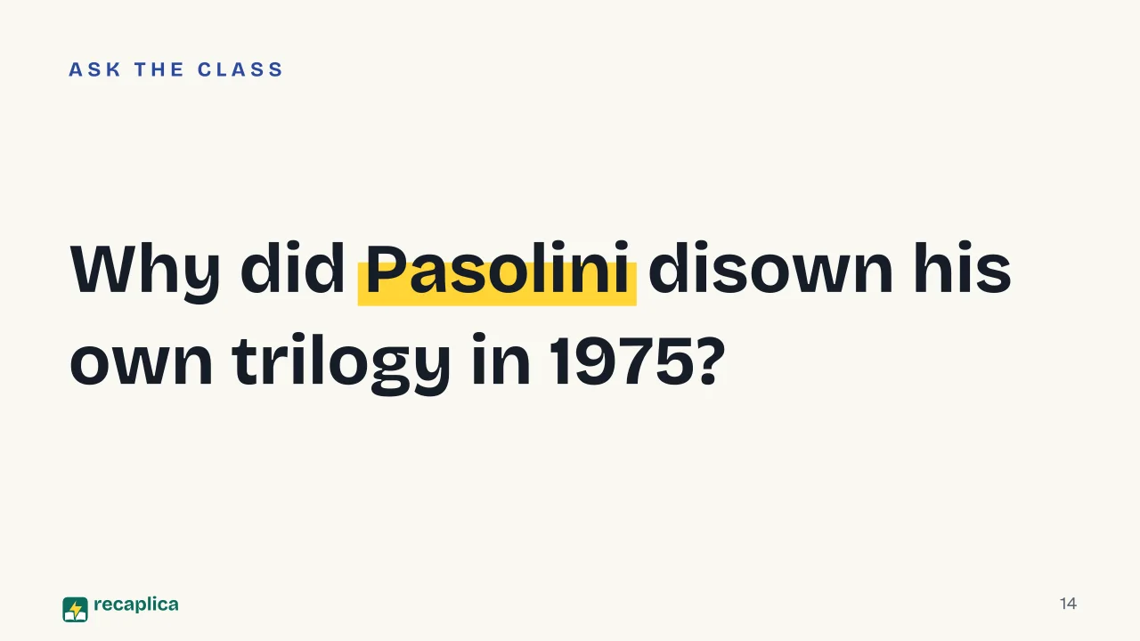 Slide 14 of the presentation on The Decameron (1971): Why did Pasolini disown his own trilogy in 1975?