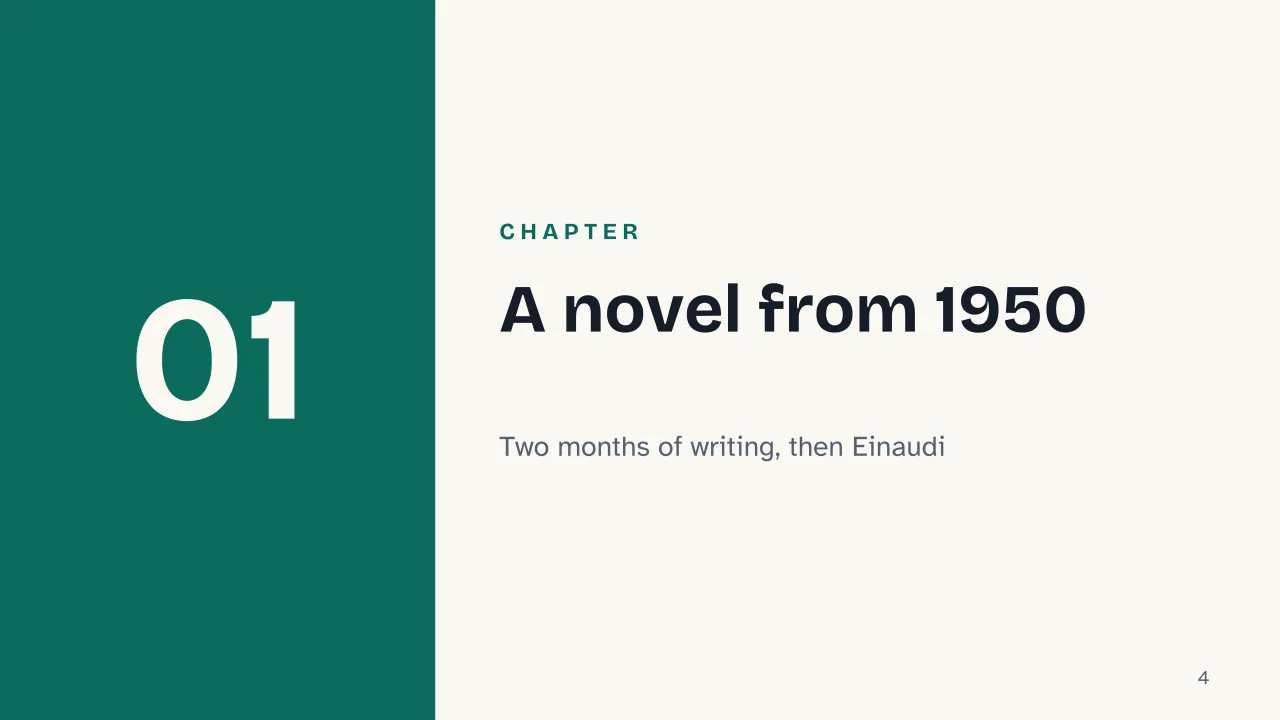 Slide 4 of the presentation on The Moon and the Bonfires by Cesare Pavese: Chapter 01: A novel from 1950