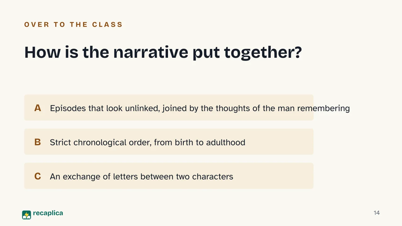 Slide 14 of the presentation on The Moon and the Bonfires by Cesare Pavese: How is the narrative put together?