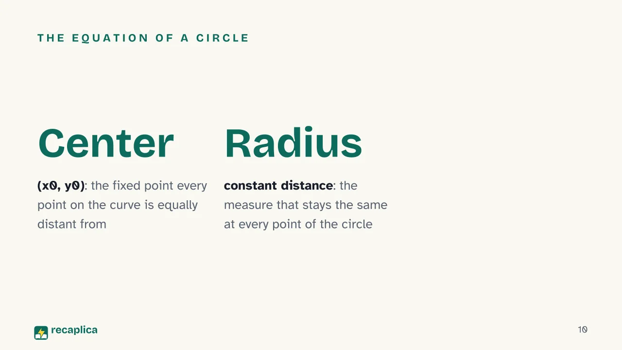 Slide 10 of the presentation on Analytic Geometry: The equation of a circle