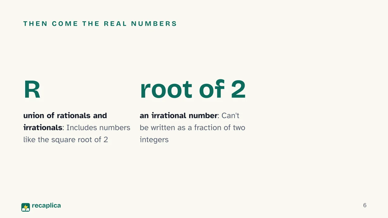 Slide 6 of the presentation on What Is Arithmetic? The Basics Explained: Then come the real numbers