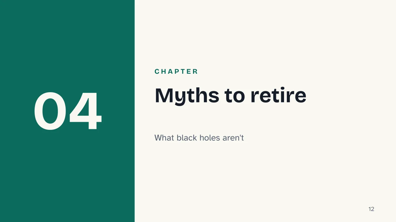 Slide 12 of the presentation on Black Holes, What They Are and How They Form: Chapter 04: Myths to retire