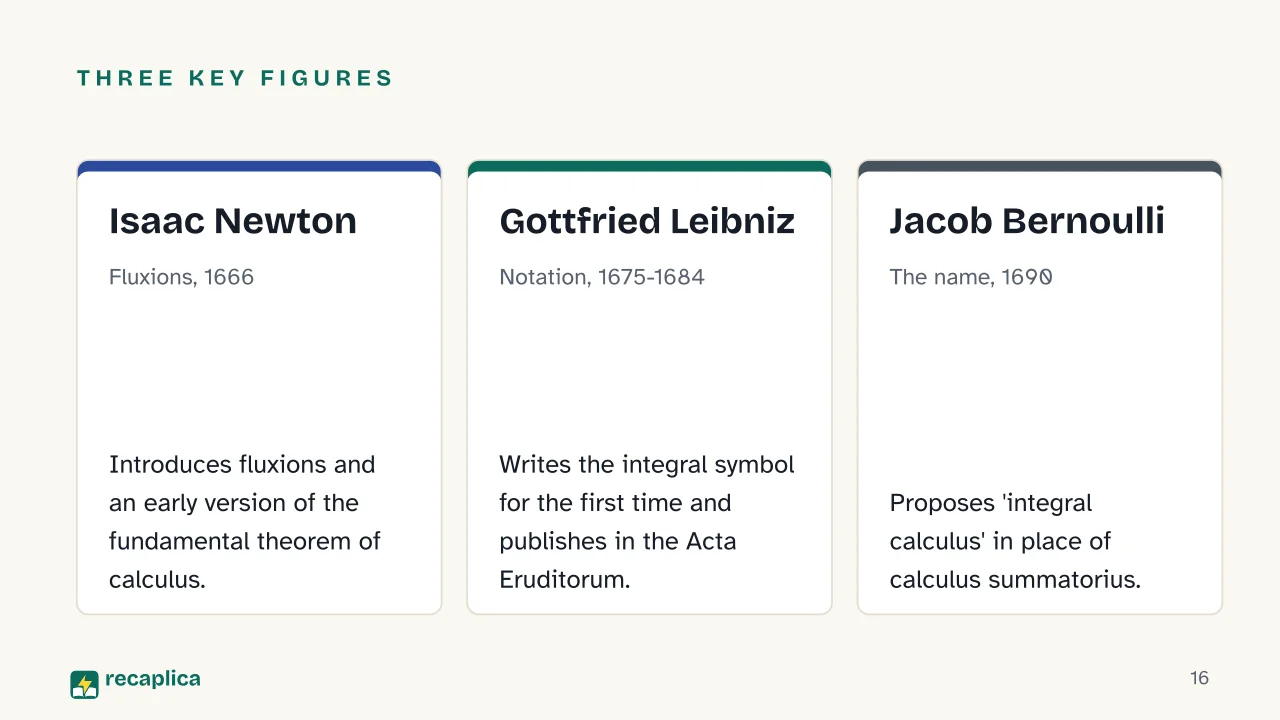Slide 16 of the presentation on Calculus: Three key figures: Isaac Newton, Gottfried Leibniz, Jacob Bernoulli