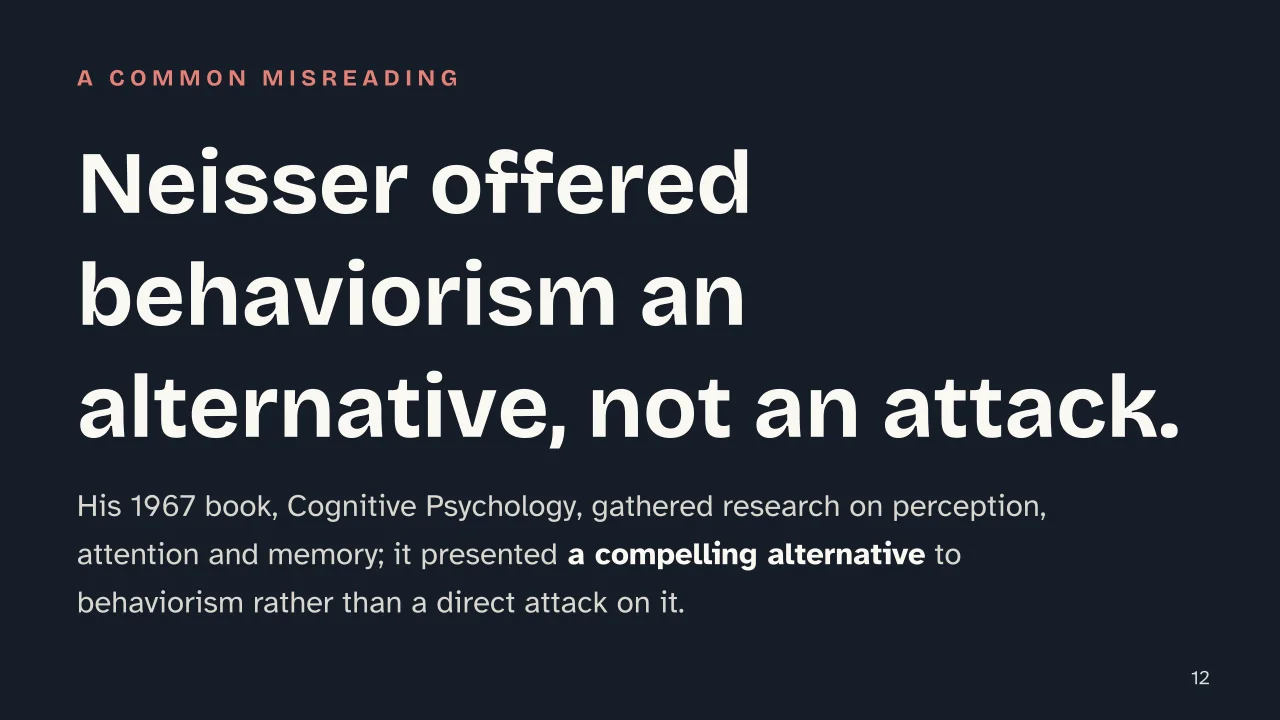 Slide 12 of the presentation on Cognitivism: Neisser offered behaviorism an alternative, not an attack.