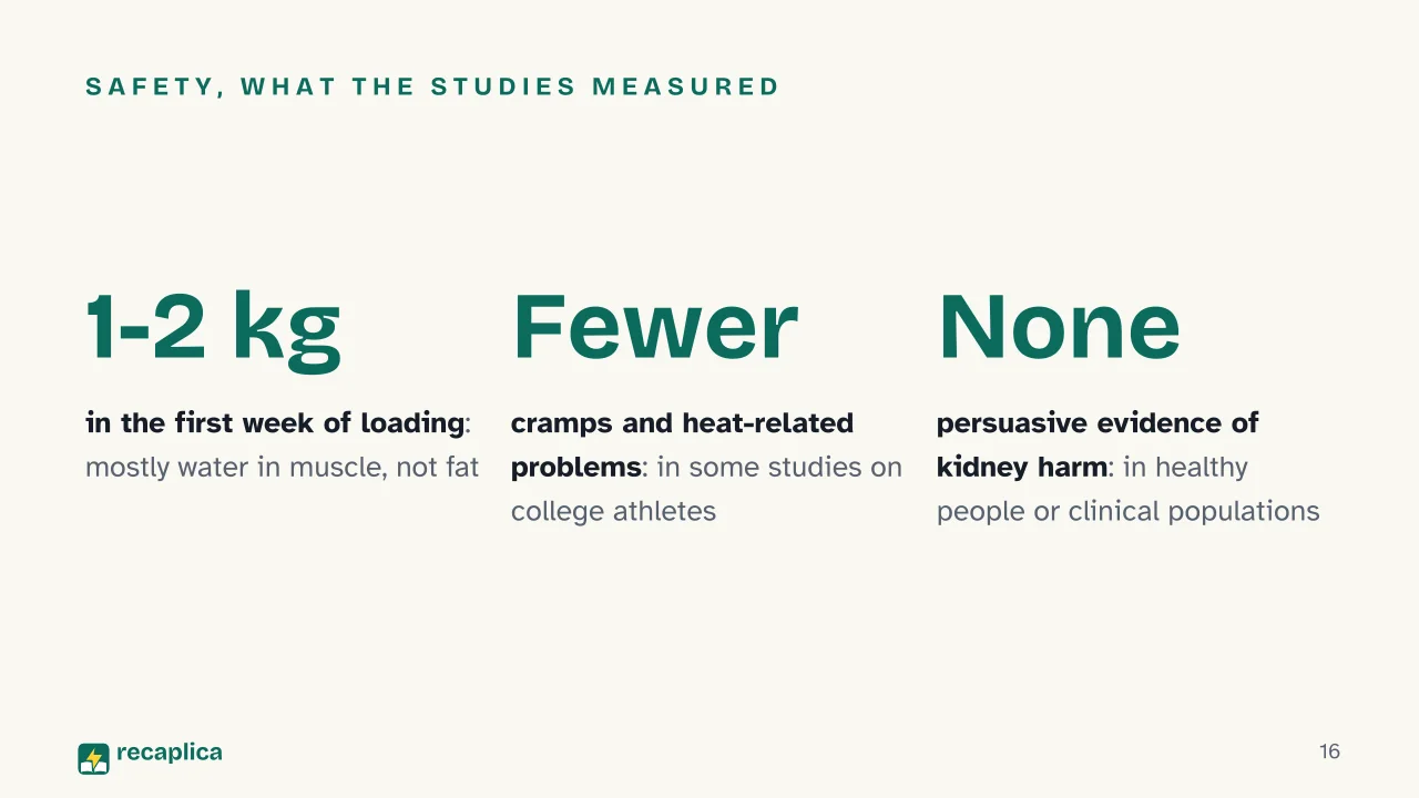 Slide 16 of the presentation on Creatine: Safety, what the studies measured