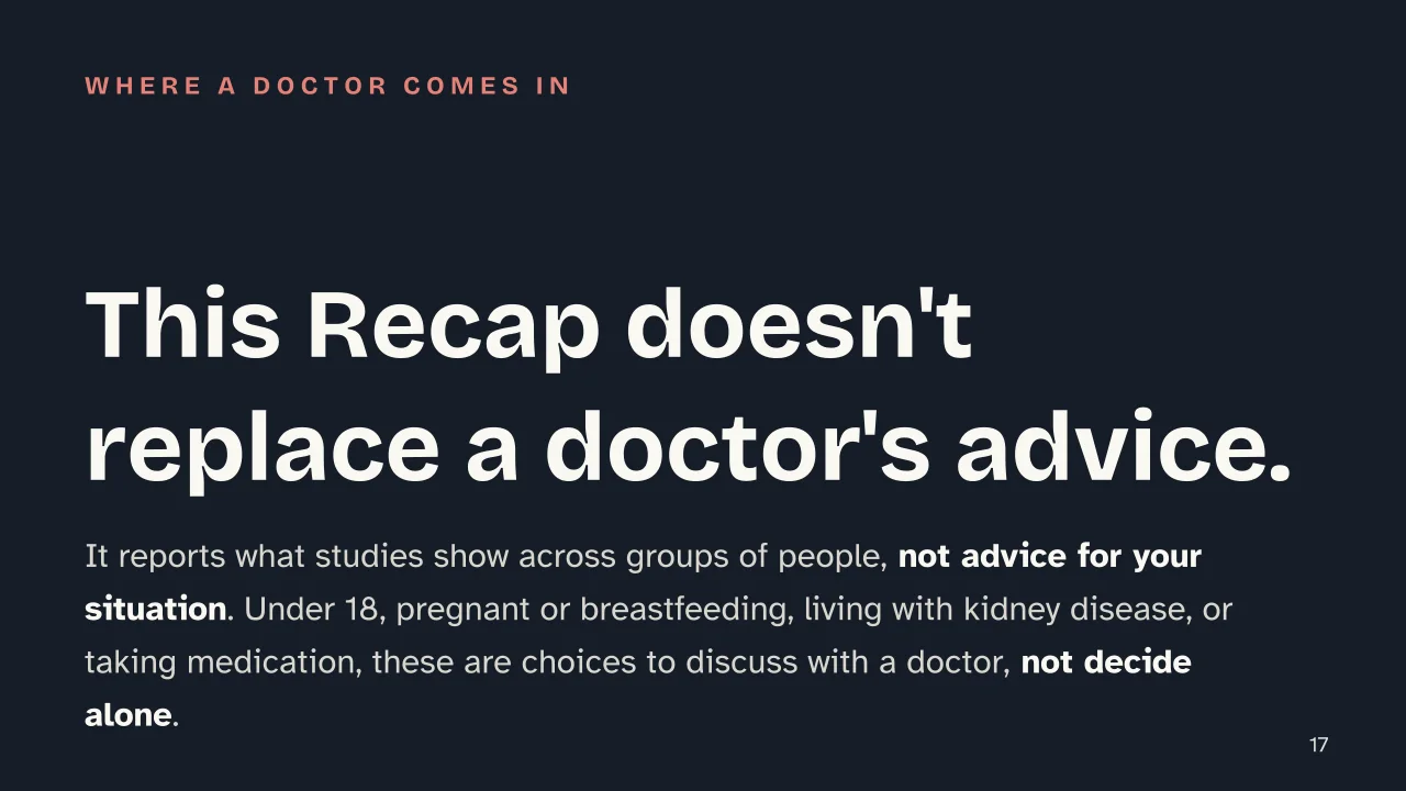 Slide 17 of the presentation on Creatine: This Recap doesn't replace a doctor's advice.