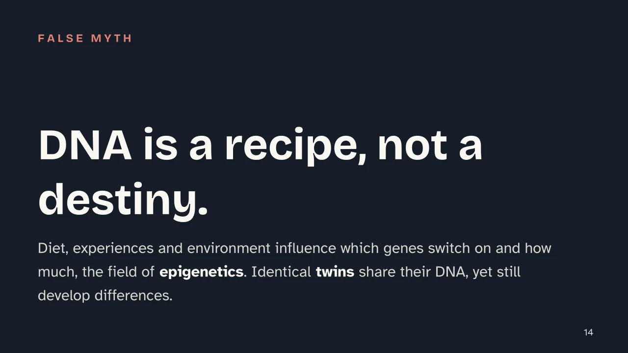 Slide 14 of the presentation on DNA: DNA is a recipe, not a destiny.