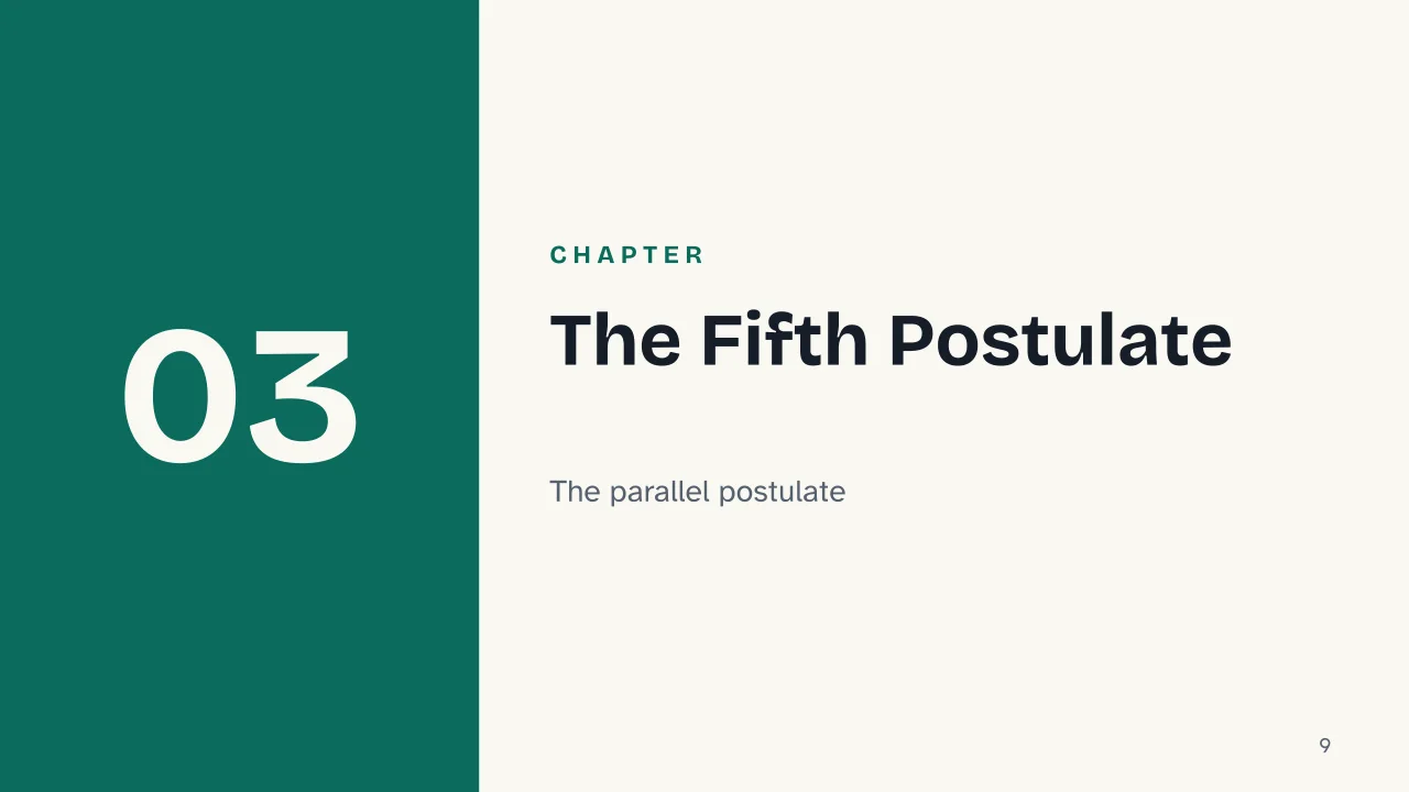 Slide 9 of the presentation on Euclidean Geometry: Chapter 03: The Fifth Postulate
