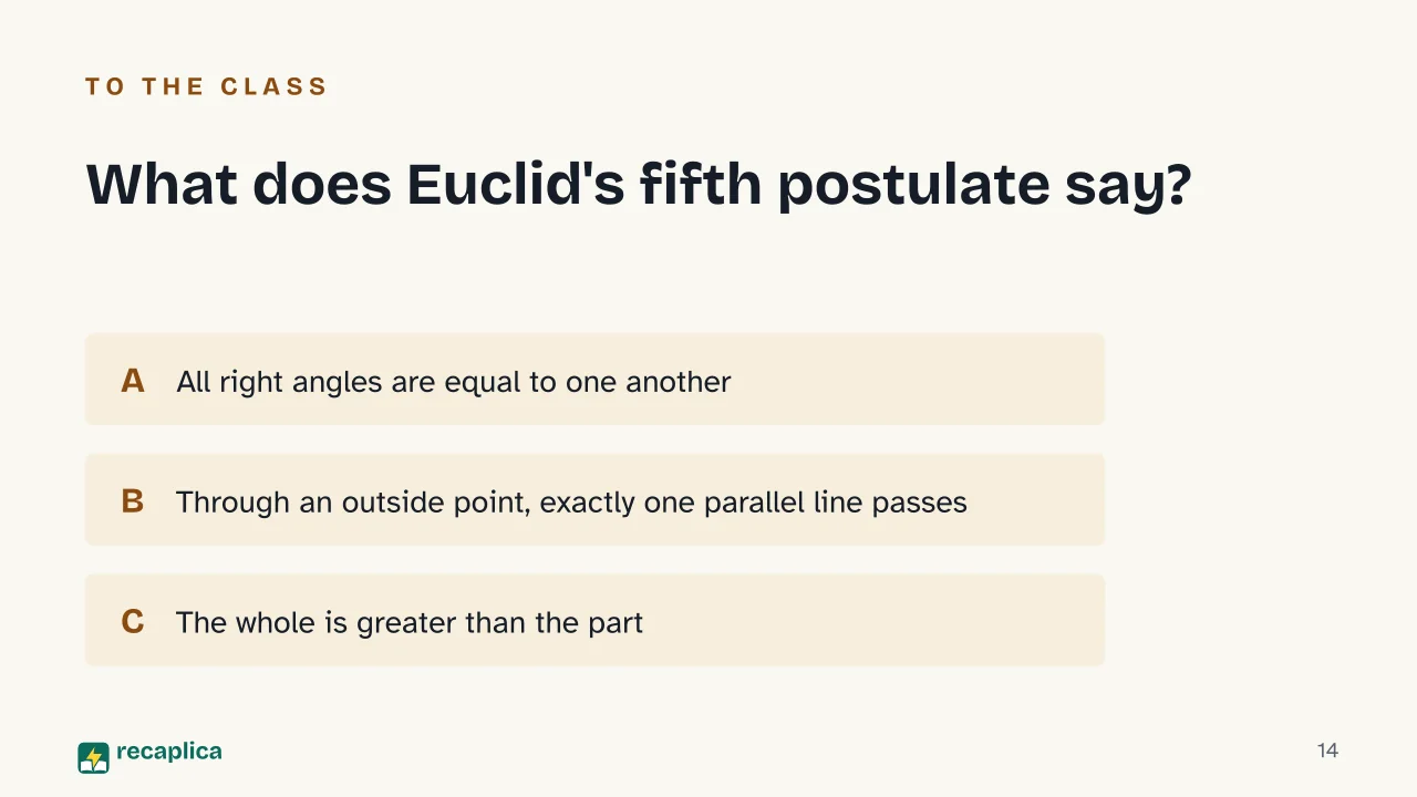 Slide 14 of the presentation on Euclidean Geometry: What does Euclid's fifth postulate say?