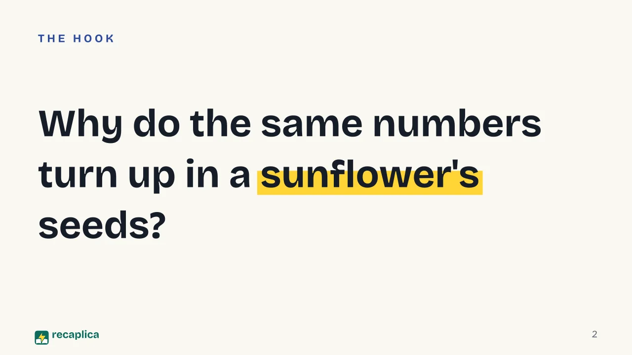 Slide 2 of the presentation on What Is the Fibonacci Sequence? The Formula and Where It Appears in Nature: Why do the same numbers turn up in a sunflower's seeds?