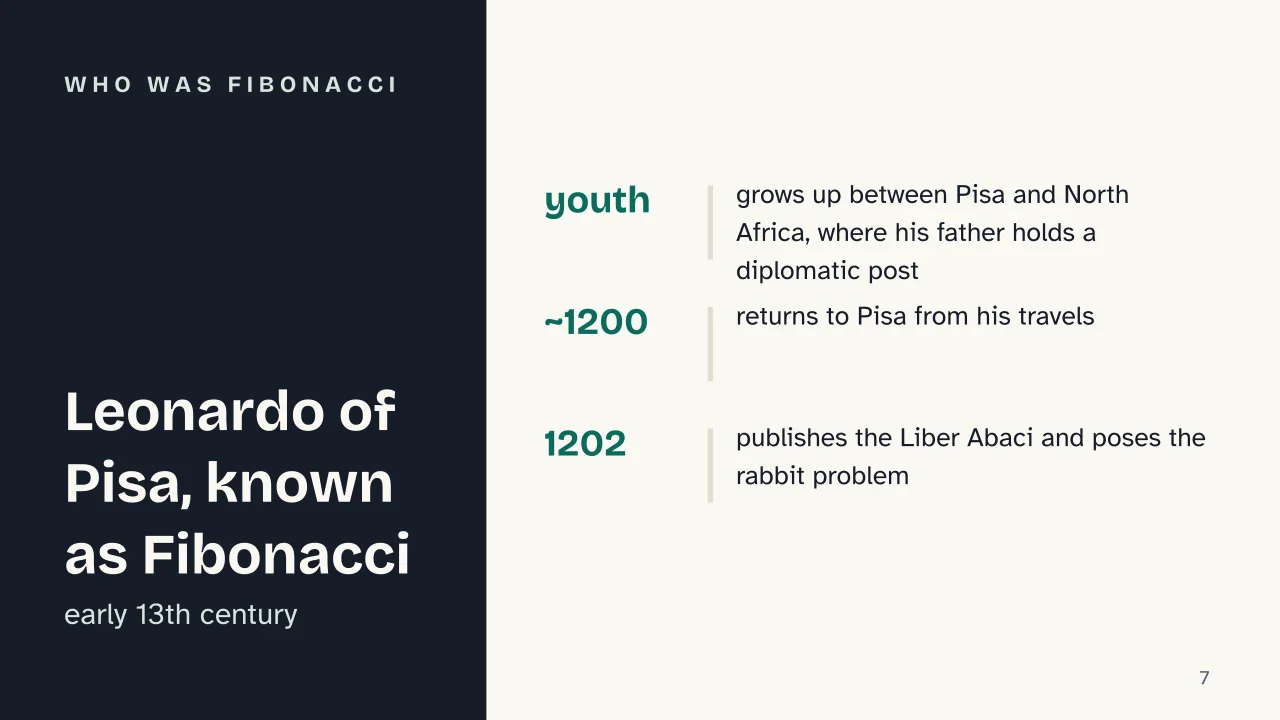 Slide 7 of the presentation on What Is the Fibonacci Sequence? The Formula and Where It Appears in Nature: Who was Fibonacci