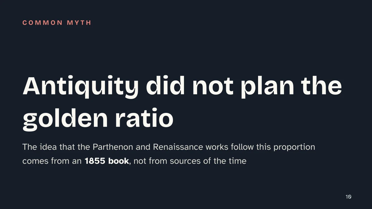 Slide 10 of the presentation on What Is the Fibonacci Sequence? The Formula and Where It Appears in Nature: Antiquity did not plan the golden ratio