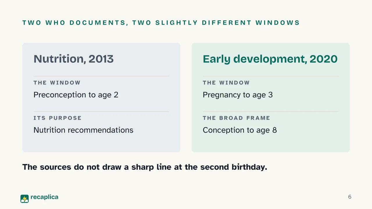 Slide 6 of the presentation on The First 1000 Days of Life: Two WHO documents, two slightly different windows
