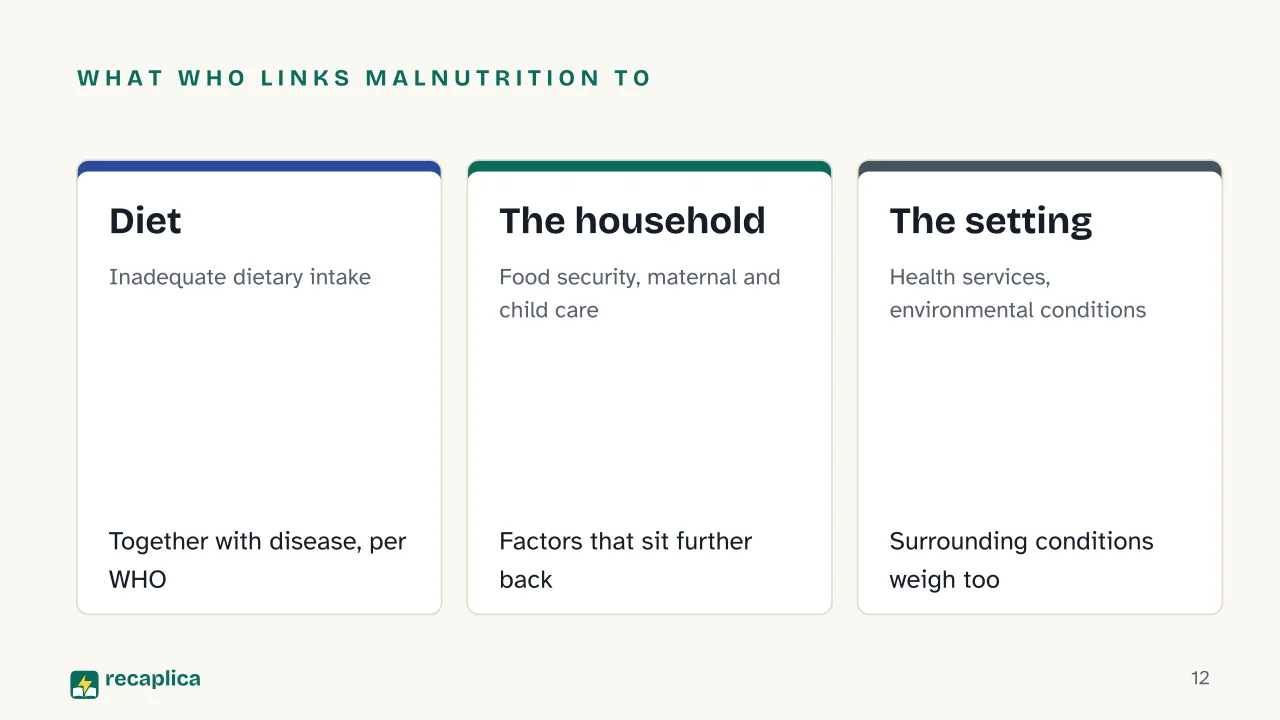 Slide 12 of the presentation on The First 1000 Days of Life: What WHO links malnutrition to: Diet, The household, The setting