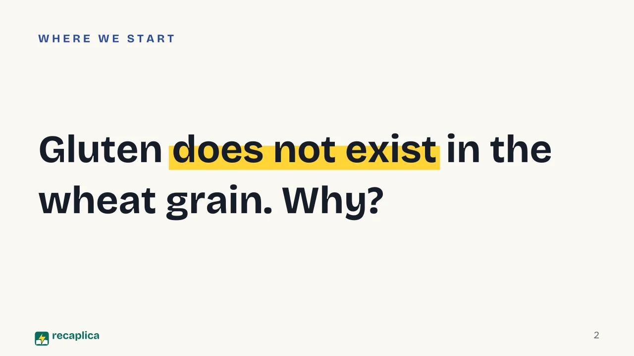 Slide 2 of the presentation on Gluten: Gluten does not exist in the wheat grain. Why?