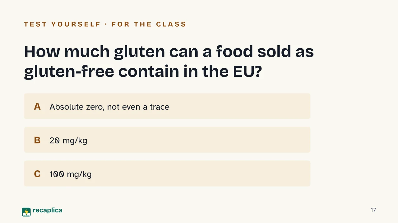 Slide 17 of the presentation on Gluten: How much gluten can a food sold as gluten-free contain in the EU?