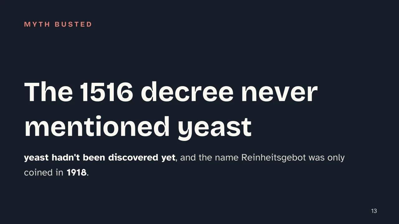 Slide 13 of the presentation on How Beer Is Made: The 1516 decree never mentioned yeast