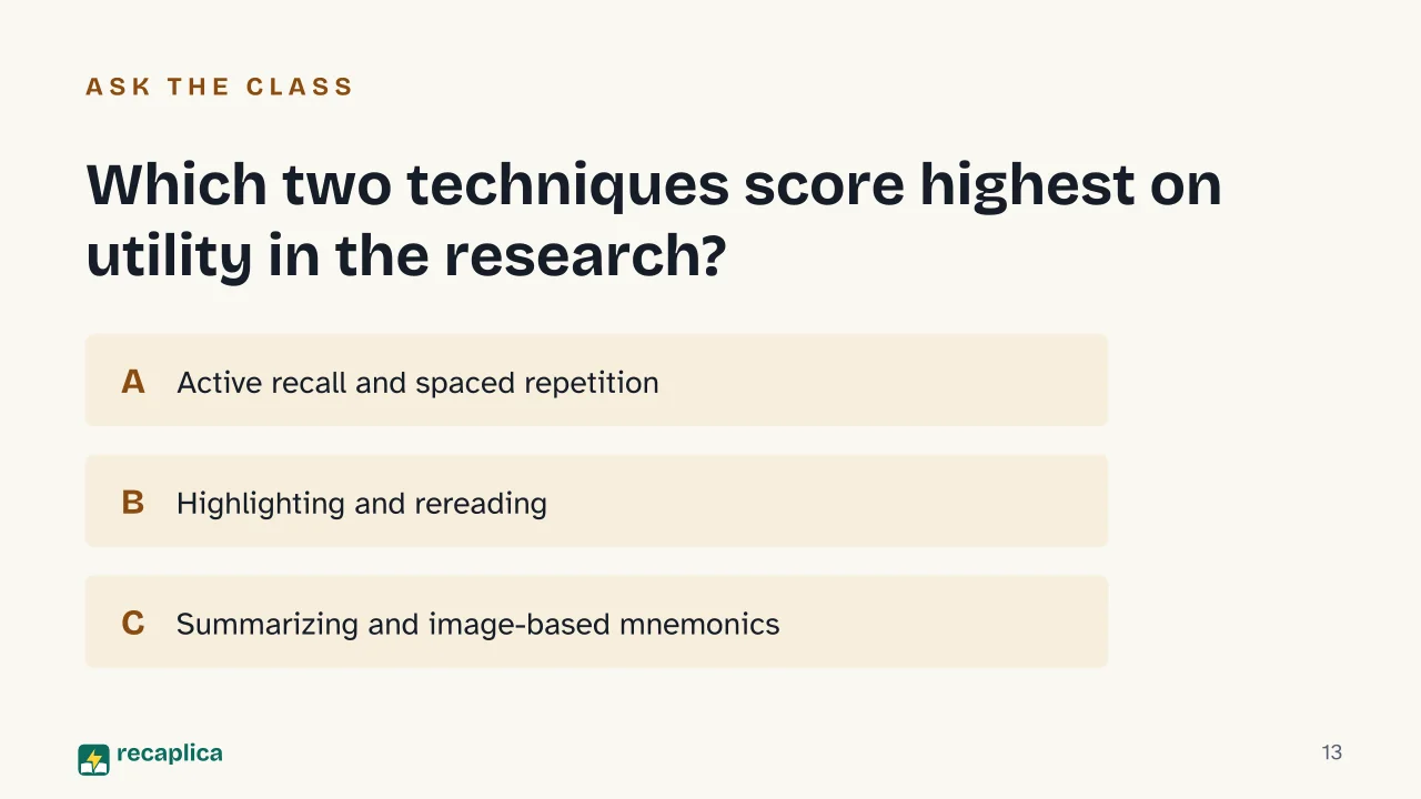 Slide 13 of the presentation on How to Study Effectively: Which two techniques score highest on utility in the research?