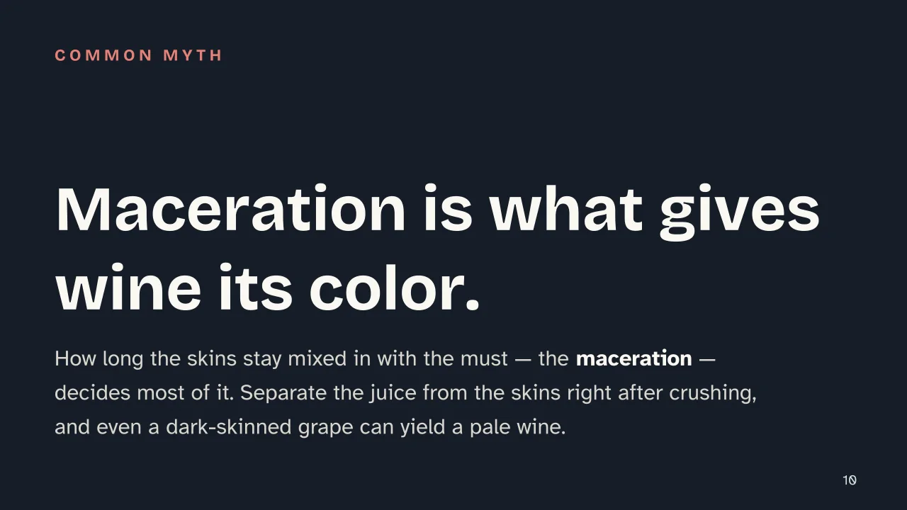 Slide 10 of the presentation on How Wine Is Made: Maceration is what gives wine its color.