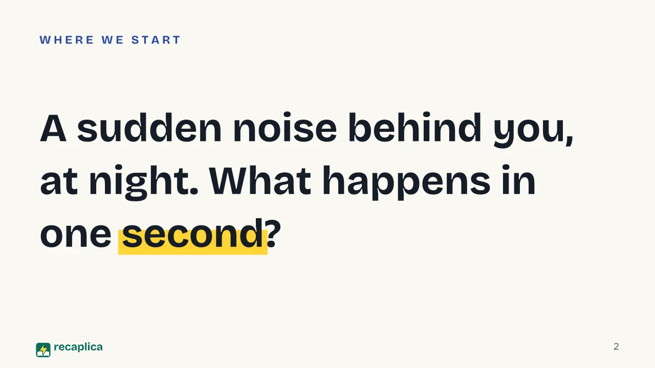 Slide 2 of the presentation on Human emotions: A sudden noise behind you, at night. What happens in one second?