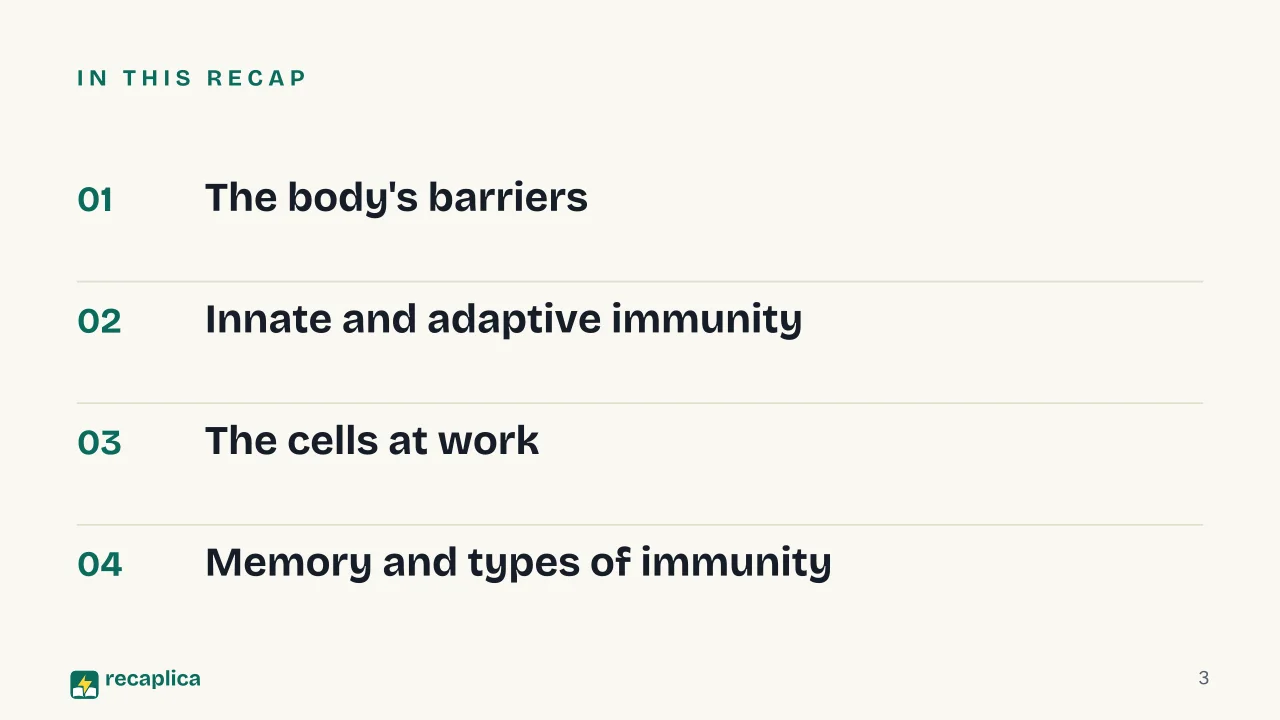Slide 3 of the presentation on How the Immune System Works: In this Recap