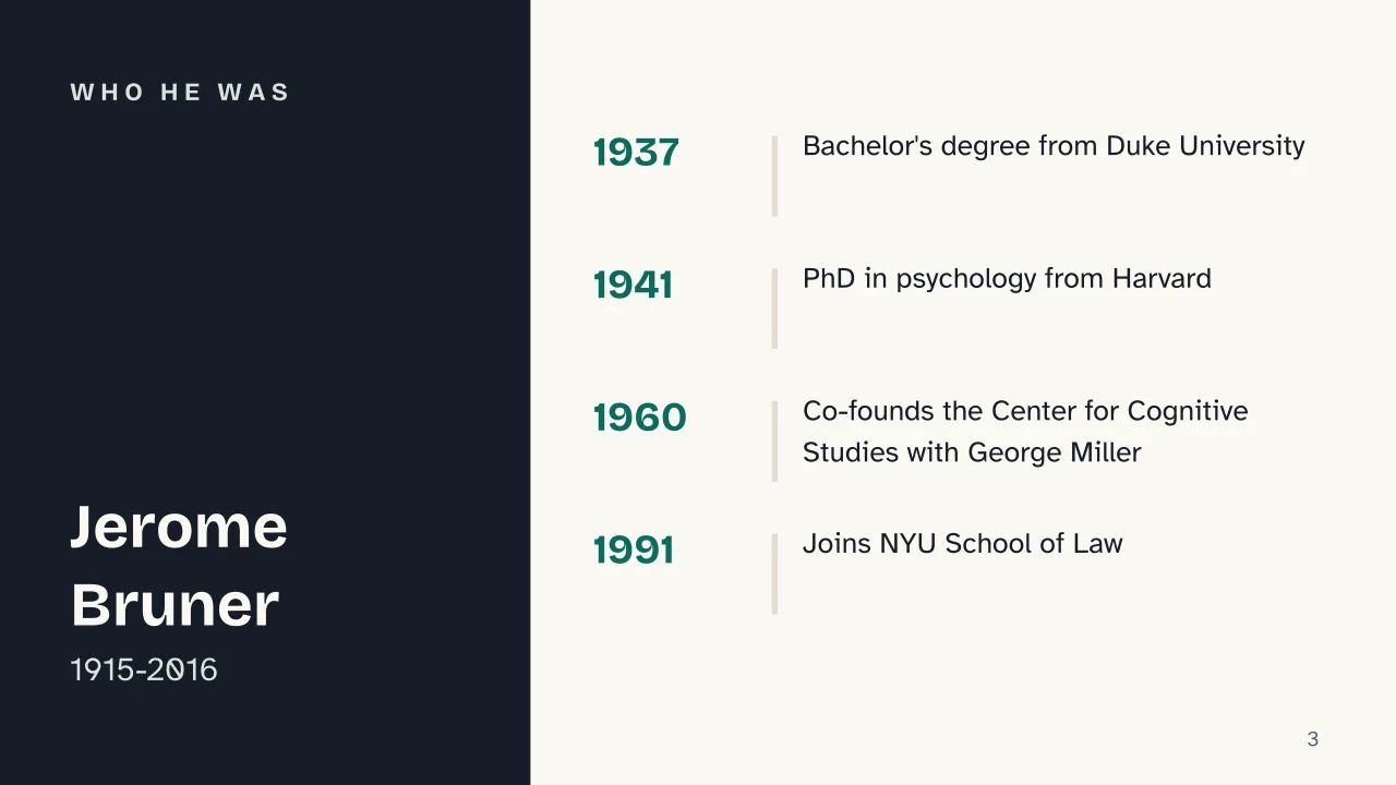Slide 3 of the presentation on Jerome Bruner: Who he was